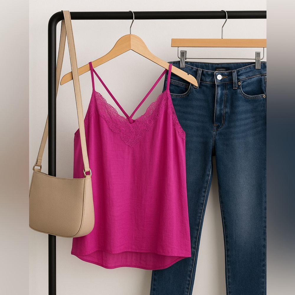 Halogen Fuchsia Lace Trim Cami Tank Top S Silk Look Satin Chic Date Night
